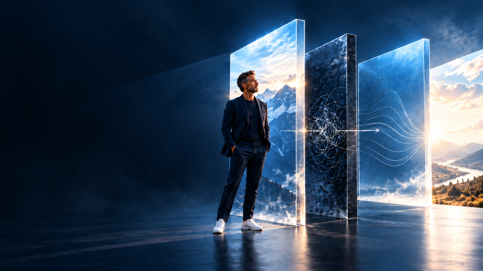 A presenter standing before glass panels, from tangled thoughts to a clear mountain horizon